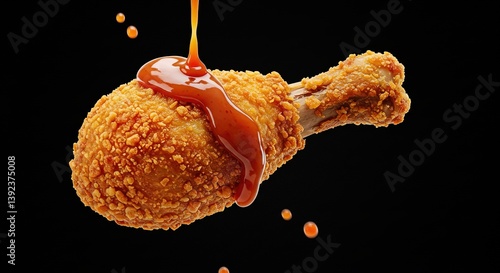 Wallpaper Mural A close up of a fried chicken drumstick with sauce being poured over it on black background Torontodigital.ca