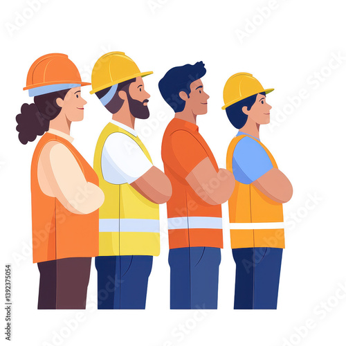 Four construction workers standing side by side, wearing safety gear including helmets and vests. They demonstrate teamwork and professionalism in a work environment.
