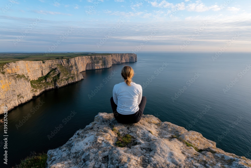 A serene moment captured with a person sitting peacefully on a cliff's edge, overlooking the vast ocean and cliffs, embodying tranquility and nature's beauty. A serene moment captured with a person sitting peacefully on a cliff's edge, overlooking the vast ocean and cliffs, embodying tranquility and nature's beauty.