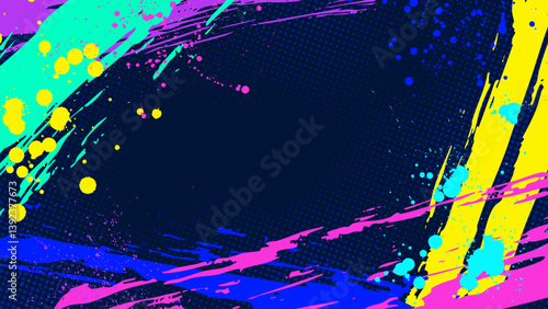 Dark background with overlapping free-form brush strokes and punk-style colors with halftone dots.