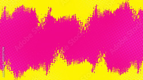 Pink background with yellow brushstrokes on top and bottom with non-distinctive halftone dots.