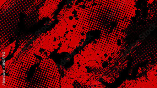 Red grunge background filled with stains of black drops and halftone dots.