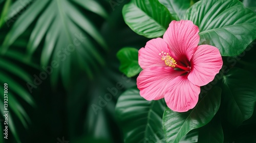 Wallpaper Mural Close up of tropical hibiscus and palm leaves vibrant pink and green summer floral layout with empty space  Torontodigital.ca