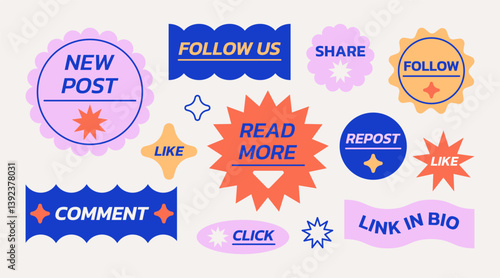Social media vector retro shapes stickers set. Call to action buttons design. Lower third icon illustrations