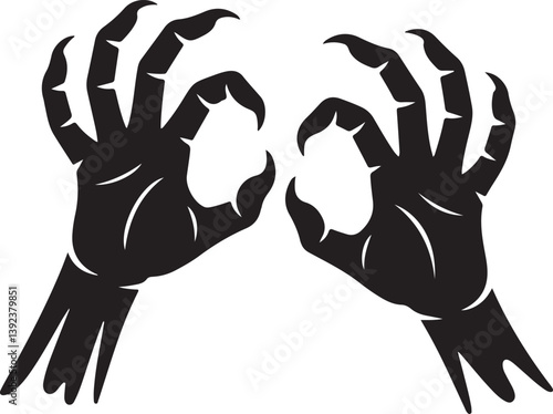 Zombie monster hands vector illustration in spooky pose. Black silhouette clipart for Halloween, horror design, creepy undead or fantasy art