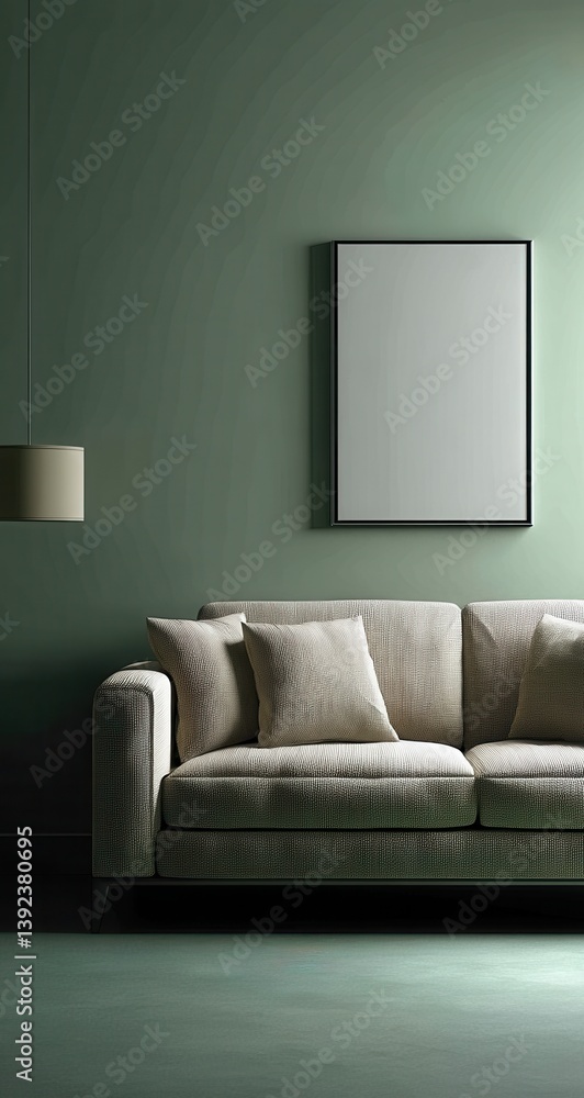 Fototapeta premium Tranquil Interior Scene: A modern living room exudes a sense of calm and sophistication, featuring a sleek sofa adorned with soft cushions, and a picture frame.