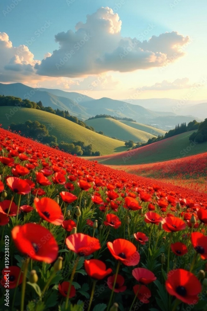 Rolling hills of poppies bathed in evening light, summer, image Rolling hills of poppies bathed in evening light, summer, image