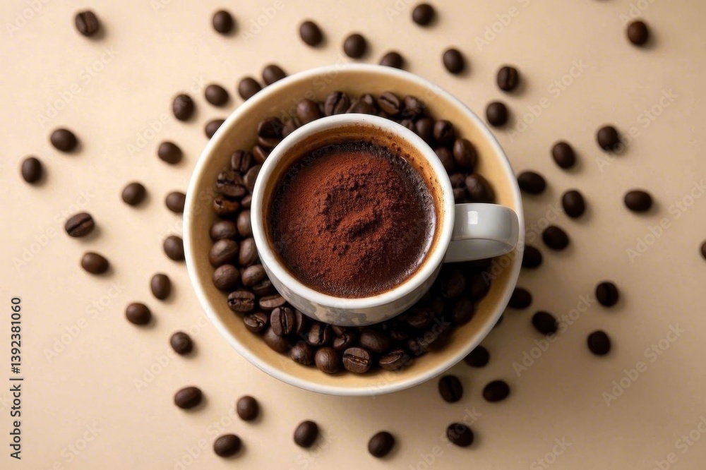 there is a cup of coffee and some coffee beans on a table there is a cup of coffee and some coffee beans on a table