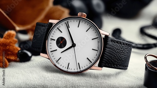 Wallpaper Mural Elegant Round Watch with Leather Strap on Textured Surface Torontodigital.ca