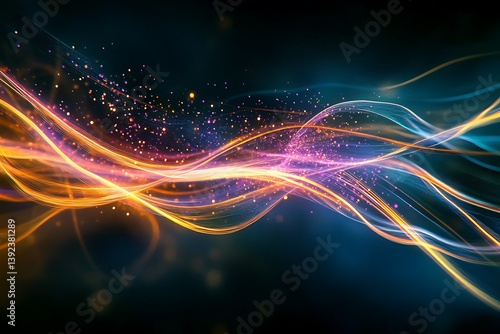 Optical data concept depicted by abstract glowing lines on a dark background. The high speed, vast capacity data transmission enabled by optical fiber technology in today's digital age