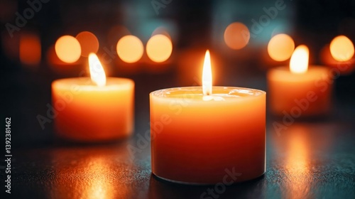 Warm, inviting candles illuminate a dark setting with soft, blurred light, ideal for creating a serene atmosphere of peace.