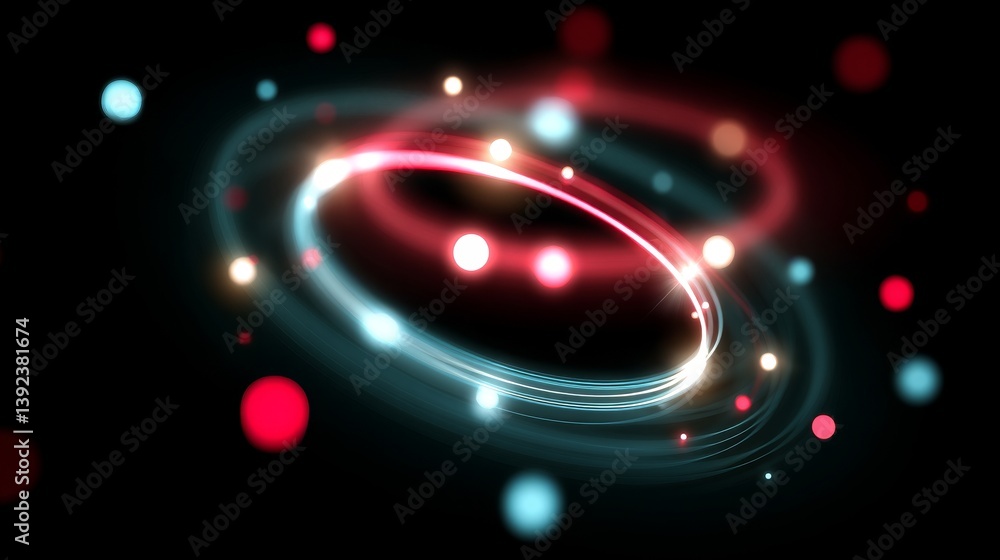 Naklejka premium The combination of red and blue creates a spiral effect, accompanied by a circular orbit and rotational motion, set against an abstract background that leaves space for text