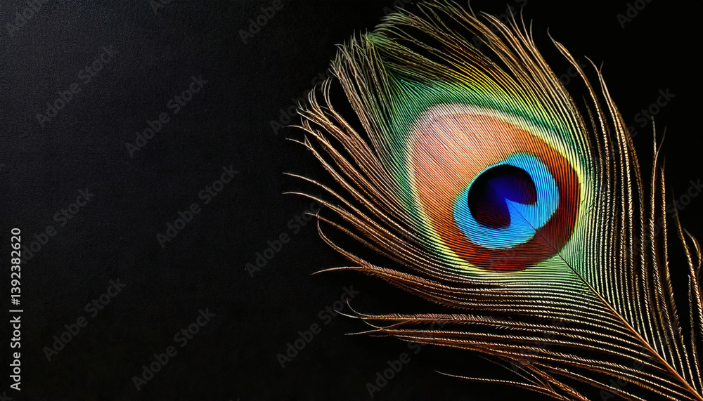 Obraz premium Single peacock feather on a black background with copy space. Bright, luxurious and elegant detail for nature themes, branding, spiritual content or elegant visuals