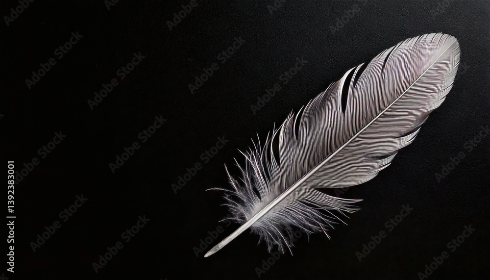 Obraz premium Silver feather on a black background with empty space on the left, perfect for minimalist design or poetic layout
