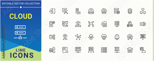 Cloud Server icon collection. Featuring storage, hosting, cloud, cloud network, compute, computer. Server icon set. Thin icons set. Editable vector stroke.