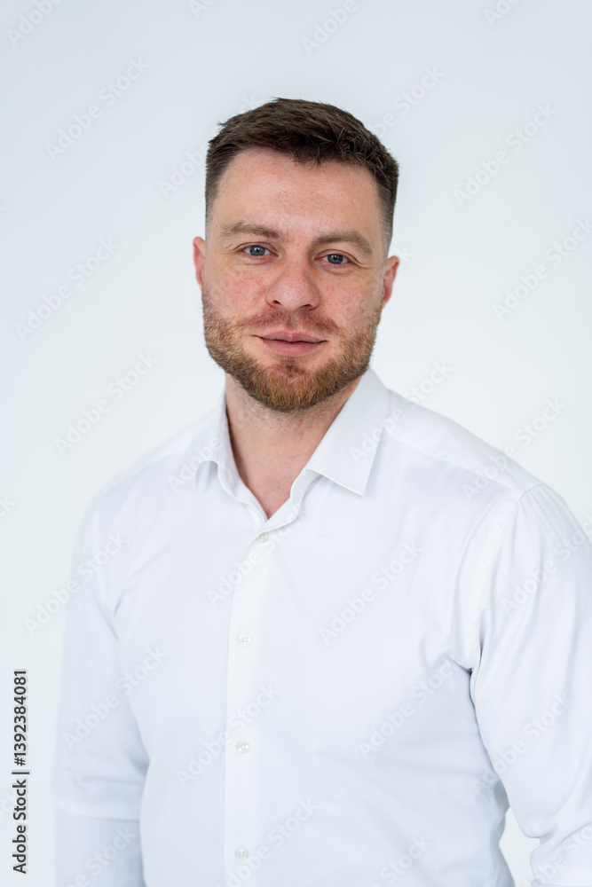 Confident man in white shirt. A confident man stands against a plain background, wearing a white shirt. Confident man in white shirt. A confident man stands against a plain background, wearing a white shirt.