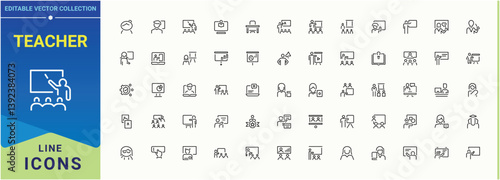 Teacher vector icon set. Containing training, teach, teaching, school, class and more. Simple line vector icons. Classroom modern icon set. Conceptual pictogram and infographic.