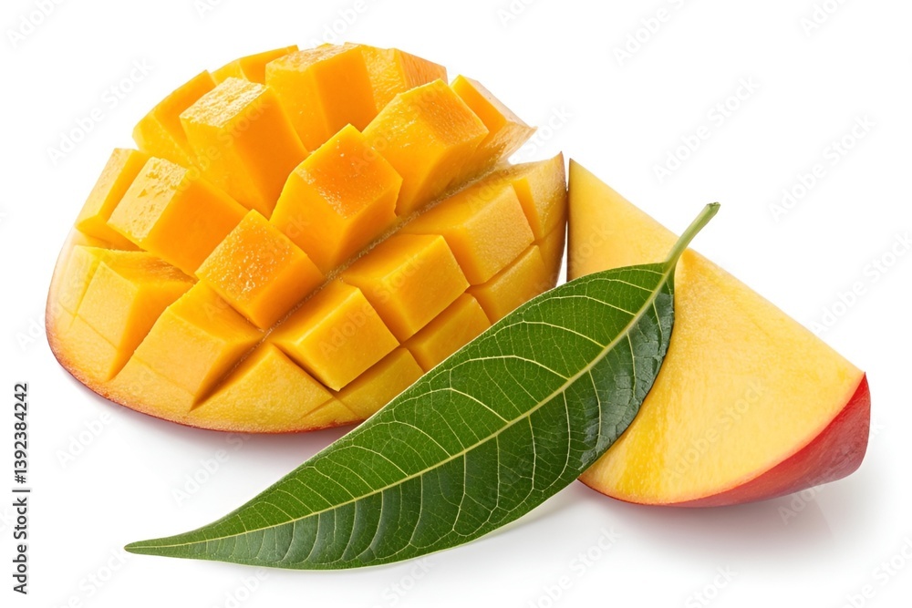 Ripe Mango Slices with Green Leaf Isolated on White Background Ripe Mango Slices with Green Leaf Isolated on White Background