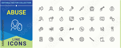 Abuse line icon. Contains outline symbols like man, harassment, victim, crime and more. Violence linear icon collection. Minimalist linear icons. Editable vector illustration.