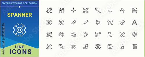 Spanner linear icon collection. Containing equipment, technical, setting, construction, tools, mechanical and more. Wrench icon set. Thin linear style icons. Pixel perfect. Editable stroke.