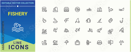 Fishery icon set. Includes thin line symbols fish, fisher, activity, hunt, outdoor, leisure, sea and more. Fishing icon set. Thin UI icons. Editable stroke collections.