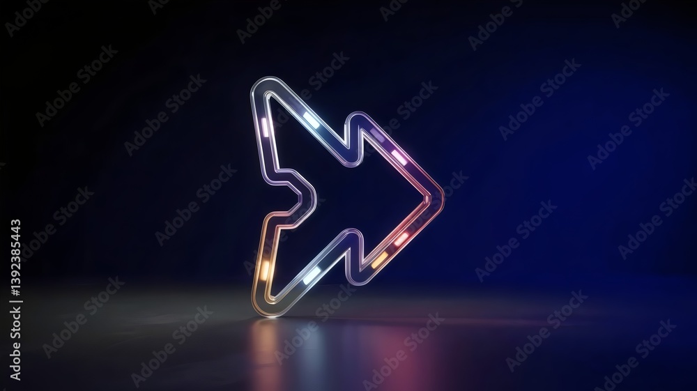High-tech illustration of an arrow symbol emerging from flickering light against a deep navy gradient background – Great for corporate identity, technology branding, or digital marketing. High-tech illustration of an arrow symbol emerging from flickering light against a deep navy gradient background – Great for corporate identity, technology branding, or digital marketing.