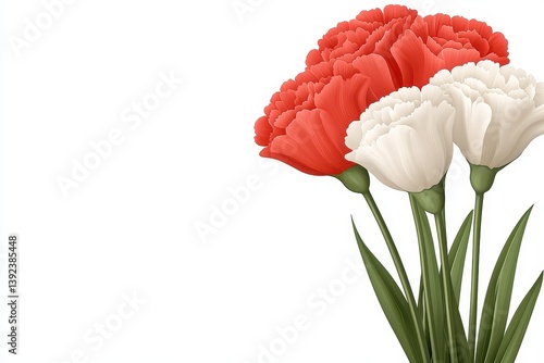 Red and White Carnations Close Up on White Background