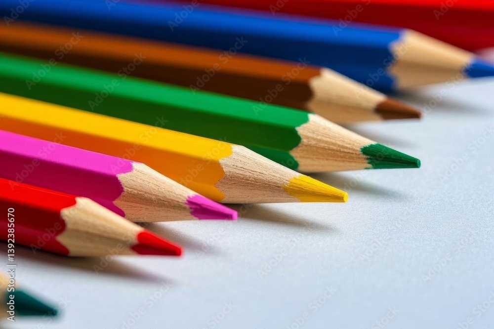 brightly colored pencils lined up in a row on a white surface brightly colored pencils lined up in a row on a white surface