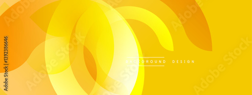 Bright yellow abstract shapes overlap. Smooth gradients create dynamic composition. Modern design for backgrounds, presentations, branding. Minimalist aesthetic.