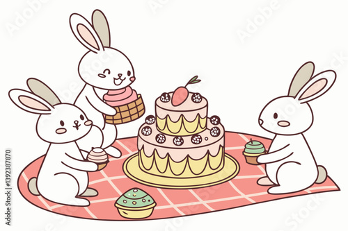 Easter Picnic Scene with Rabbits and Cakes – Whimsical Vector Illustration on White Background.