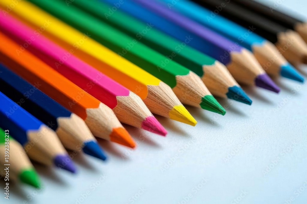 a close up of a group of colored pencils on a white surface a close up of a group of colored pencils on a white surface