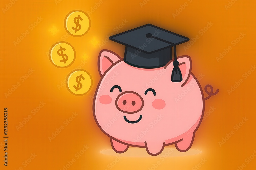 Graduation Piggy Bank With Coins for Student Savings Concept Graduation Piggy Bank With Coins for Student Savings Concept