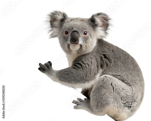 A koala sitting with its left arm isolated on a transparent background