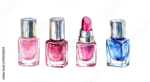 A set of watercolor illustrations featuring nail polish bottles and accessories, drawn by hand and isolated on a white background, suitable for beauty salons and manicure establishments to create