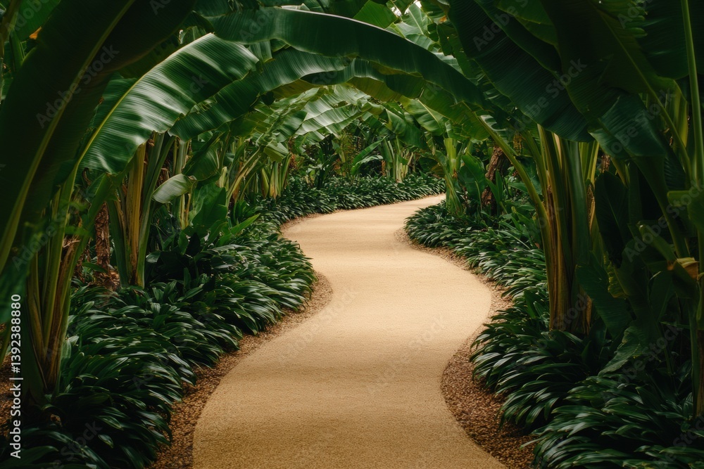 Fototapeta premium Winding dirt path through lush banana foliage in tropical setting Generative AI