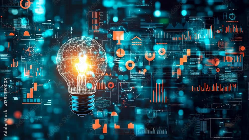 A glowing lightbulb video with pink data visualizations representing tech innovation and futuristic digital ideas. A glowing lightbulb video with pink data visualizations representing tech innovation and futuristic digital ideas.