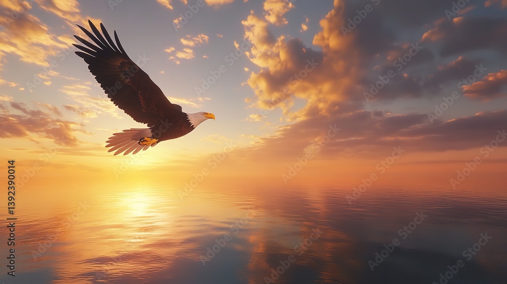 Naklejka premium An eagle soaring through the sky symbolizes freedom, strength, and vision, embodying power and independence with its wings spread wide, soaring high above in a bright and modern atmosphere