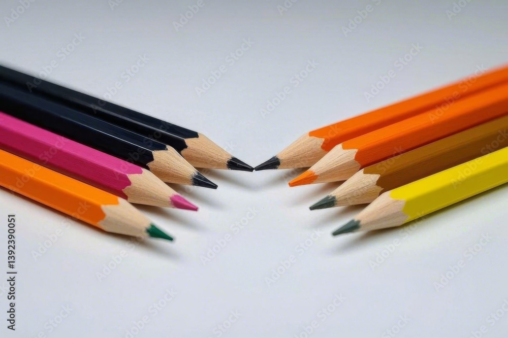 several colored pencils are lined up in a row on a white surface several colored pencils are lined up in a row on a white surface