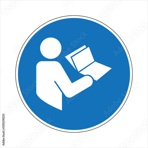 Blue mandatory sign with person holding open instruction manual
