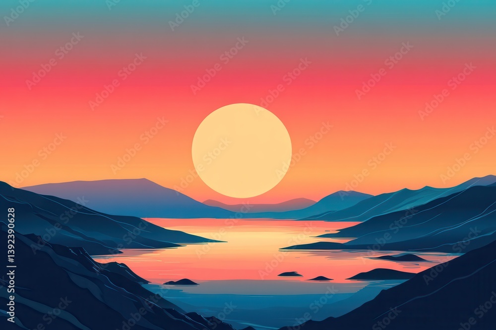 Fototapeta premium Sunset Over a Mountainous Coastline with a Large Sun