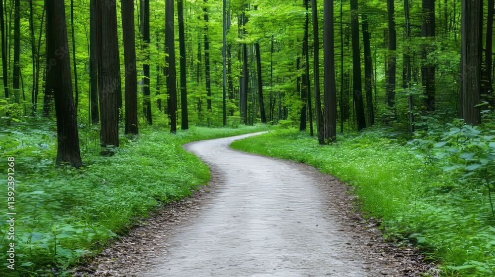 Fototapeta premium Winding forest path dappled in sunlight leading into deep summer woods peaceful natural scene 
