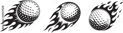 Vector illustration of a flaming golf ball in fast motion, designed in bold black silhouette for sports and dynamic icon themes