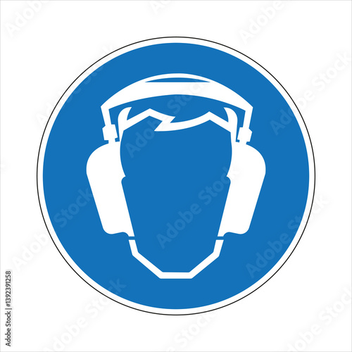 Blue mandatory sign indicating the use of hearing protection equipment, promoting occupational safety and health in industrial environments