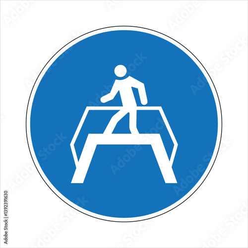 Blue and white pedestrian overpass or underpass traffic sign promoting road safety and pedestrian awareness