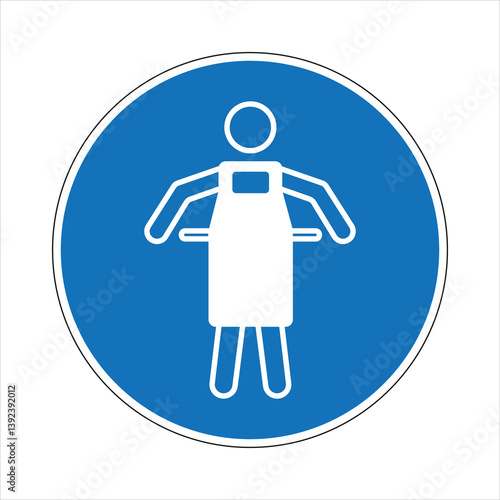 Blue mandatory sign indicating the requirement to wear a protective apron in specific areas, emphasizing workplace safety and protective clothing regulations