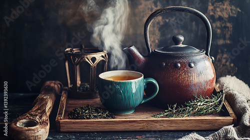 A teapot and a cup of tea sit on a wooden tray