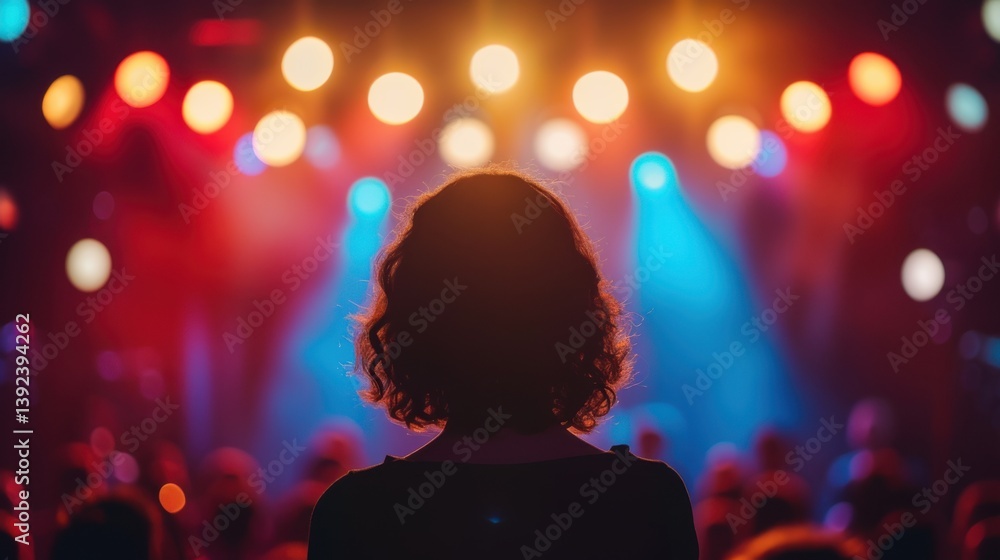 Silhouette of Woman in Audience Enjoying Live Concert with Stage Lights Silhouette of Woman in Audience Enjoying Live Concert with Stage Lights