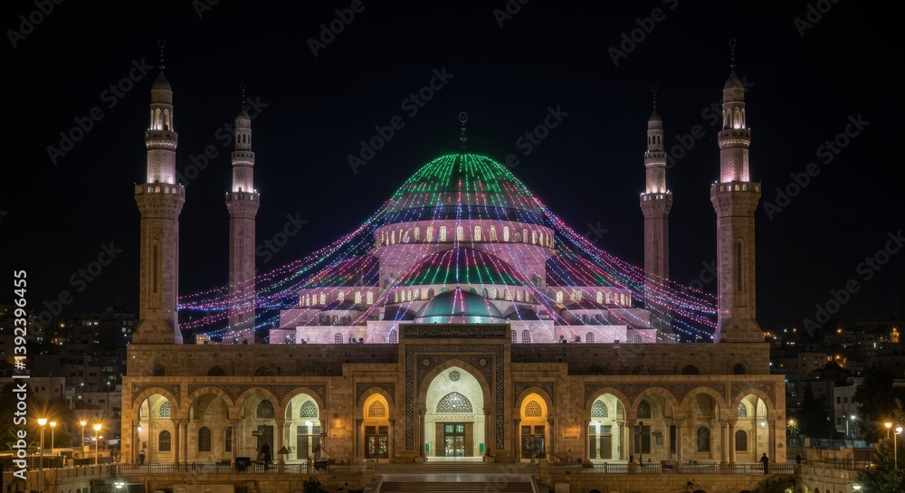 Fototapeta premium Majestic Illuminated King Abdullah I Mosque at Night in Amman, Jordan: A Breathtaking Night View