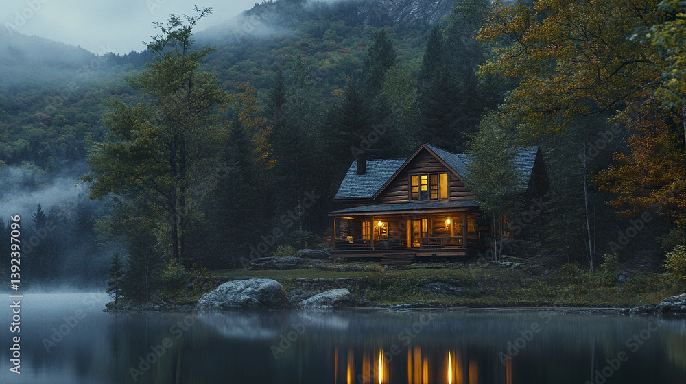 Fototapeta premium Cozy lit wooden house on lakeshore with forested backdrop, serene atmosphere