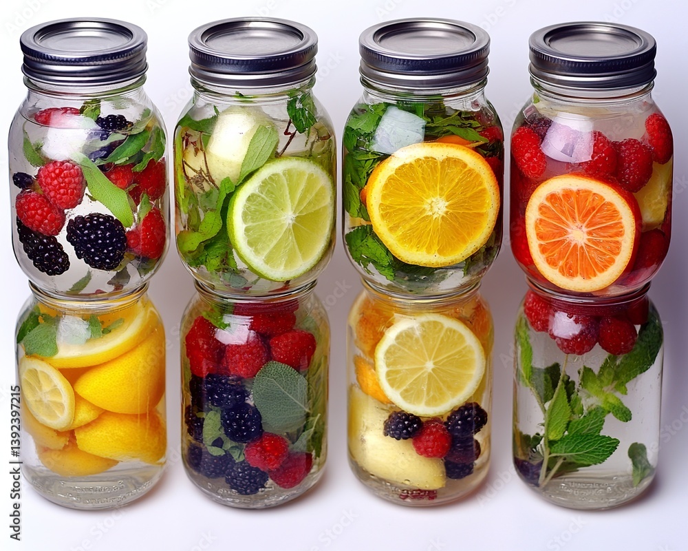 A top-down view of a collection of glass jars, each filled with a different detox water infusion--citrus, herbs, and berries. A top-down view of a collection of glass jars, each filled with a different detox water infusion--citrus, herbs, and berries.